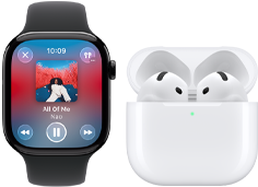 Apple Watch Series 11, břidlicově šedé titanové pouzdro, řemínek: černý sportovní řemínek, aplikace Apple Music, obrazovka Právě hraje, spárované s AirPody